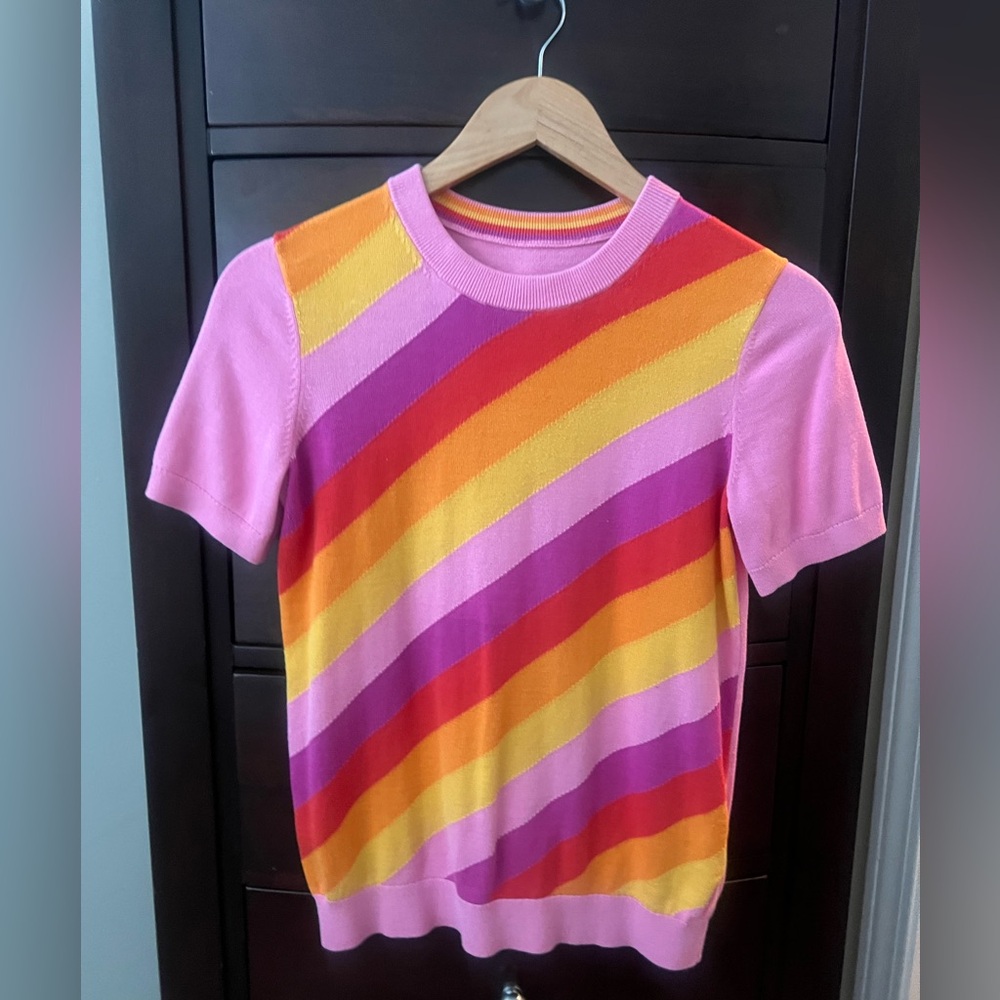 NWOT TRINA TURK Pink Striped Corrine Crewneck Short Sleeve Sweater Top Small